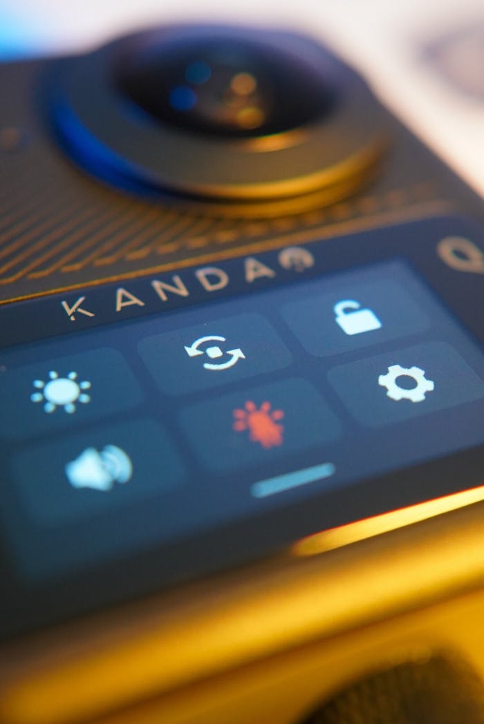 Detailed view of a technology gadget's interface showing operational icons and controls.